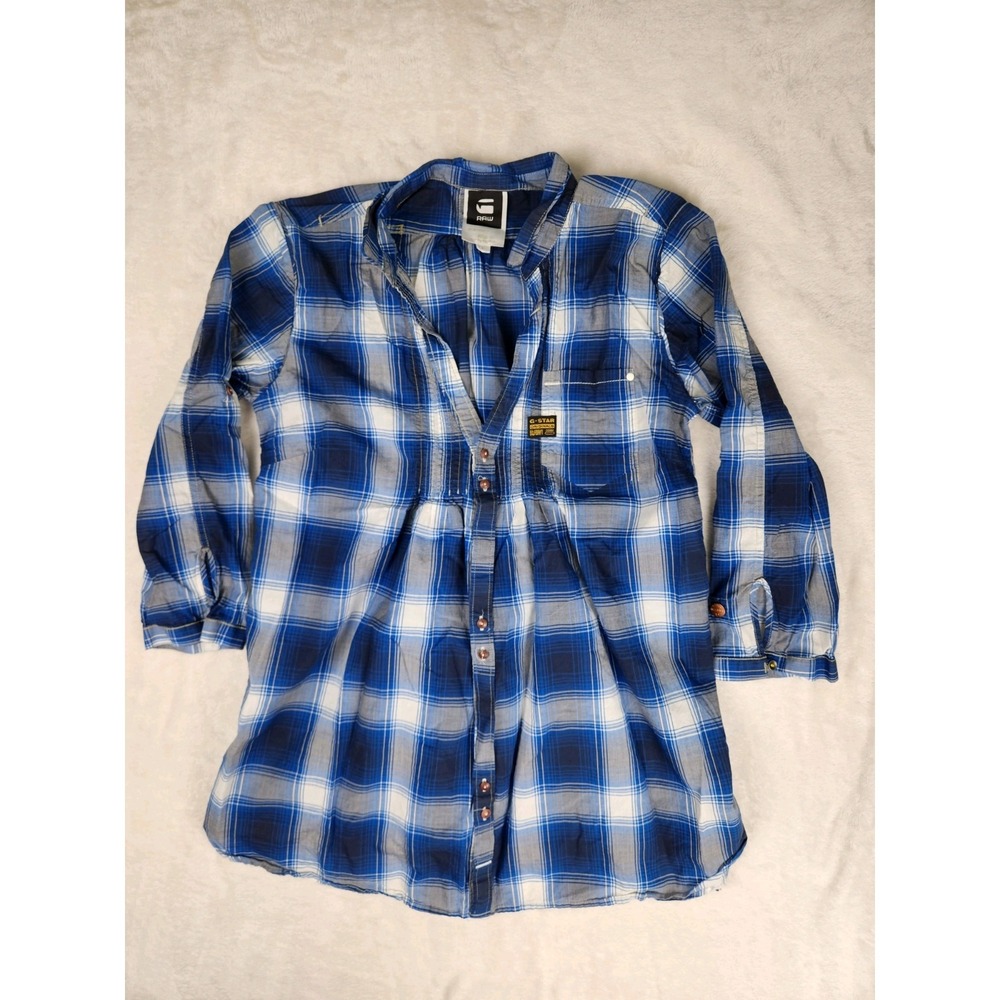 G-Star Raw Women's Size Small Blue Plaid Ocean A-Line 3/4‎ Shirt